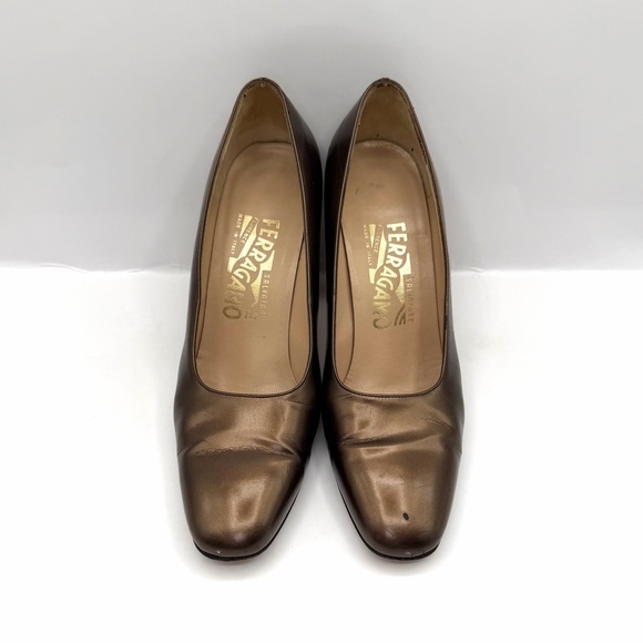 VINTAGE FERRAGAMO Pumps Block Heel US 6B Metallic Bronze Italian Luxury Collect. - Picture 4 of 8